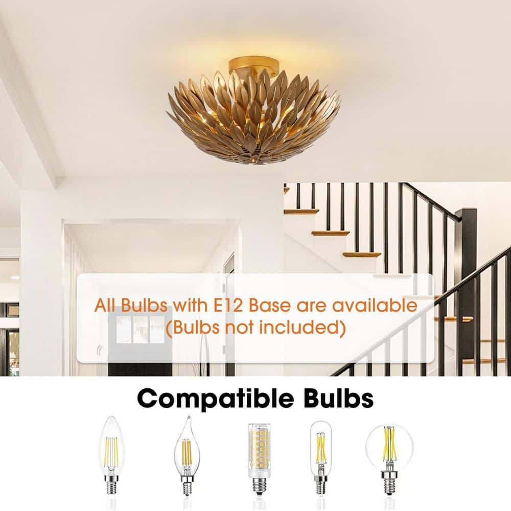 15.75 in. 3-Light Antique Gold Semi-Flush Mount Ceiling Light with Layers of Leaves Shade - Hercitys