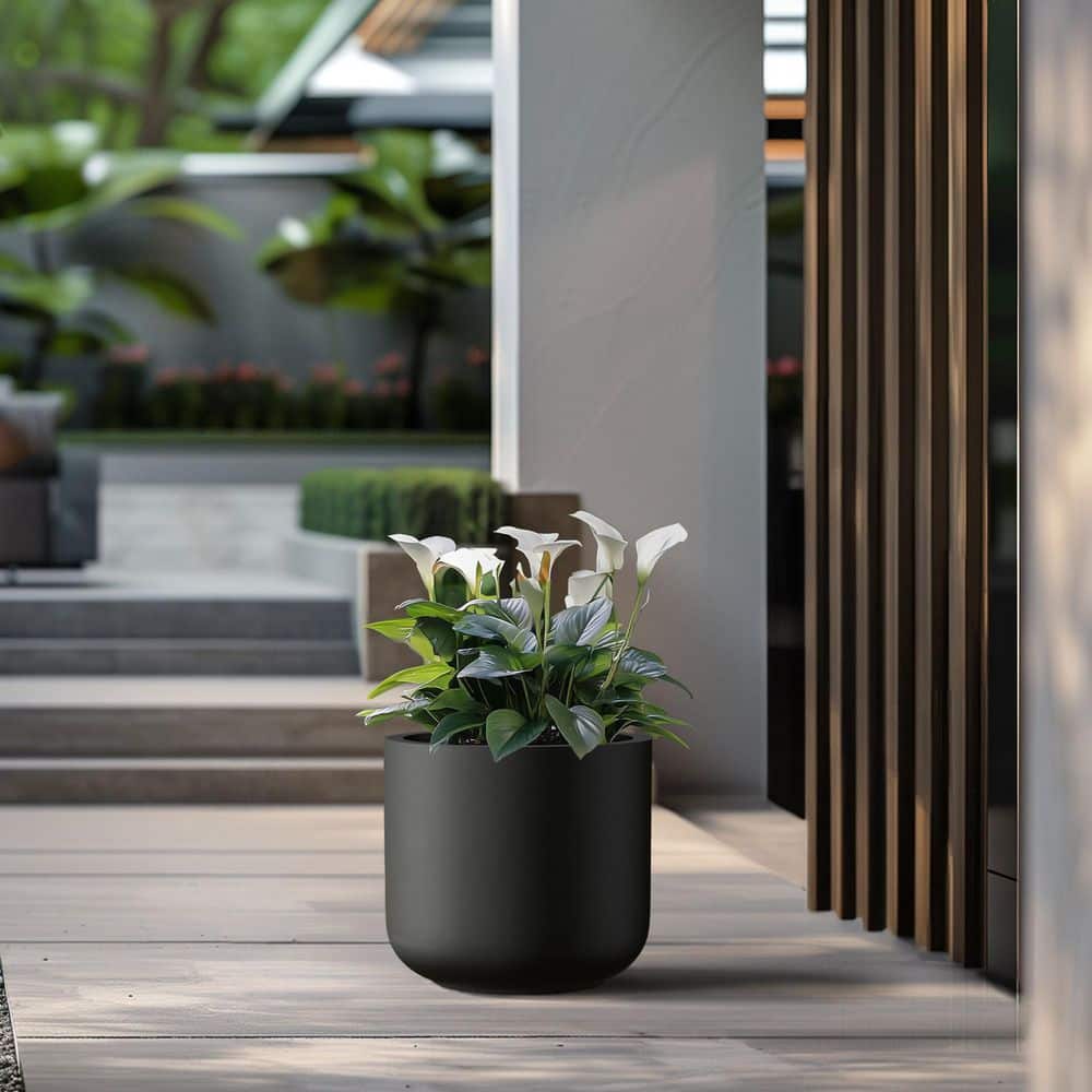17.5 in. Large Charcoal Black Concrete Round Planter / Pot with Drainage Holes - Hercitys