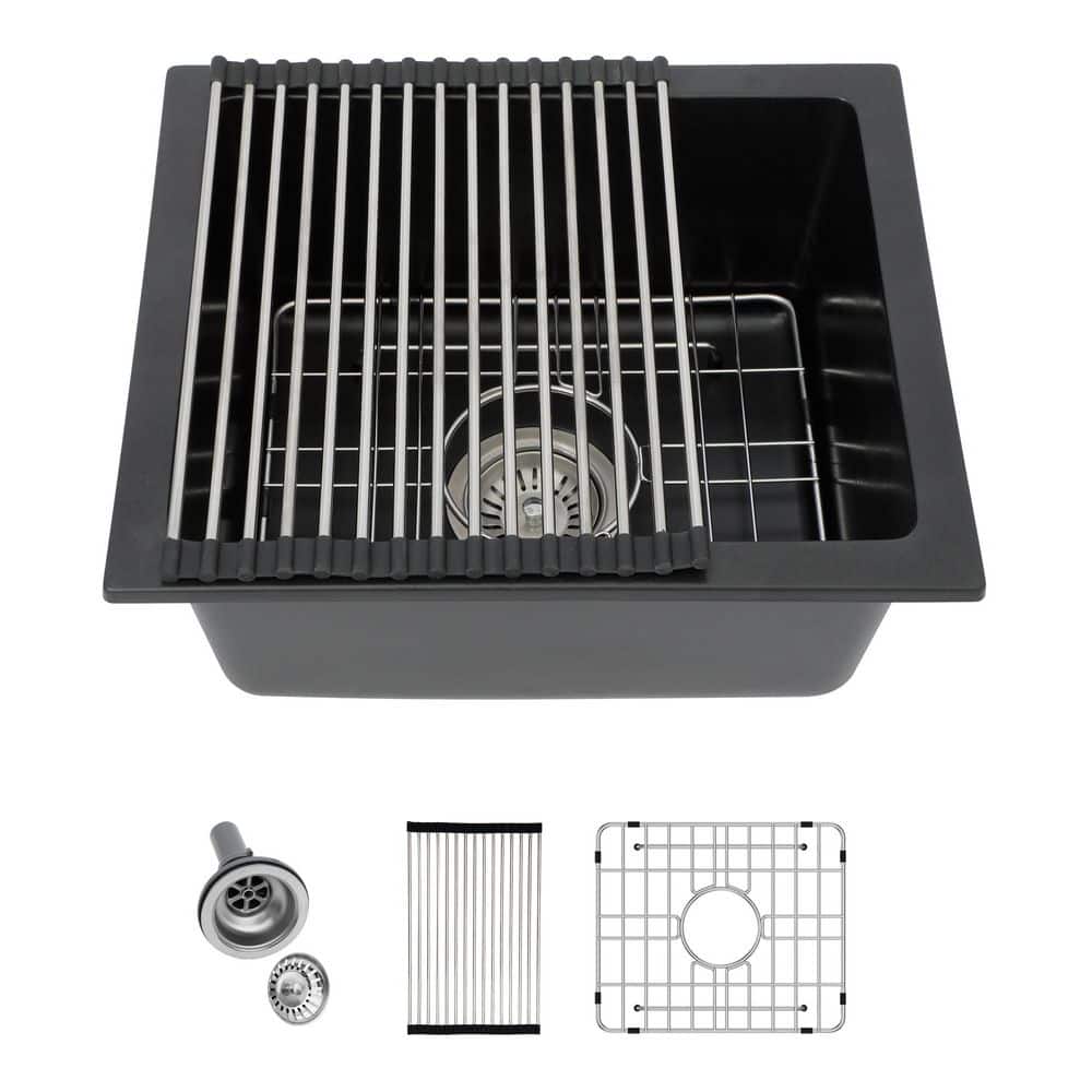 18 in. Undermount Single Bowl Black Quartz Composite Kitchen Sink with Bottom Grids - Hercitys