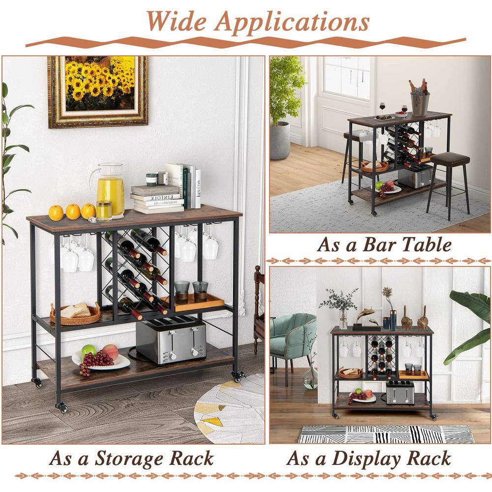 3-Tier Brown Rolling Kitchen Cart Wine Bar Cabinet with 8-Bottles Rack and 12-Glasses Hanger - Hercitys