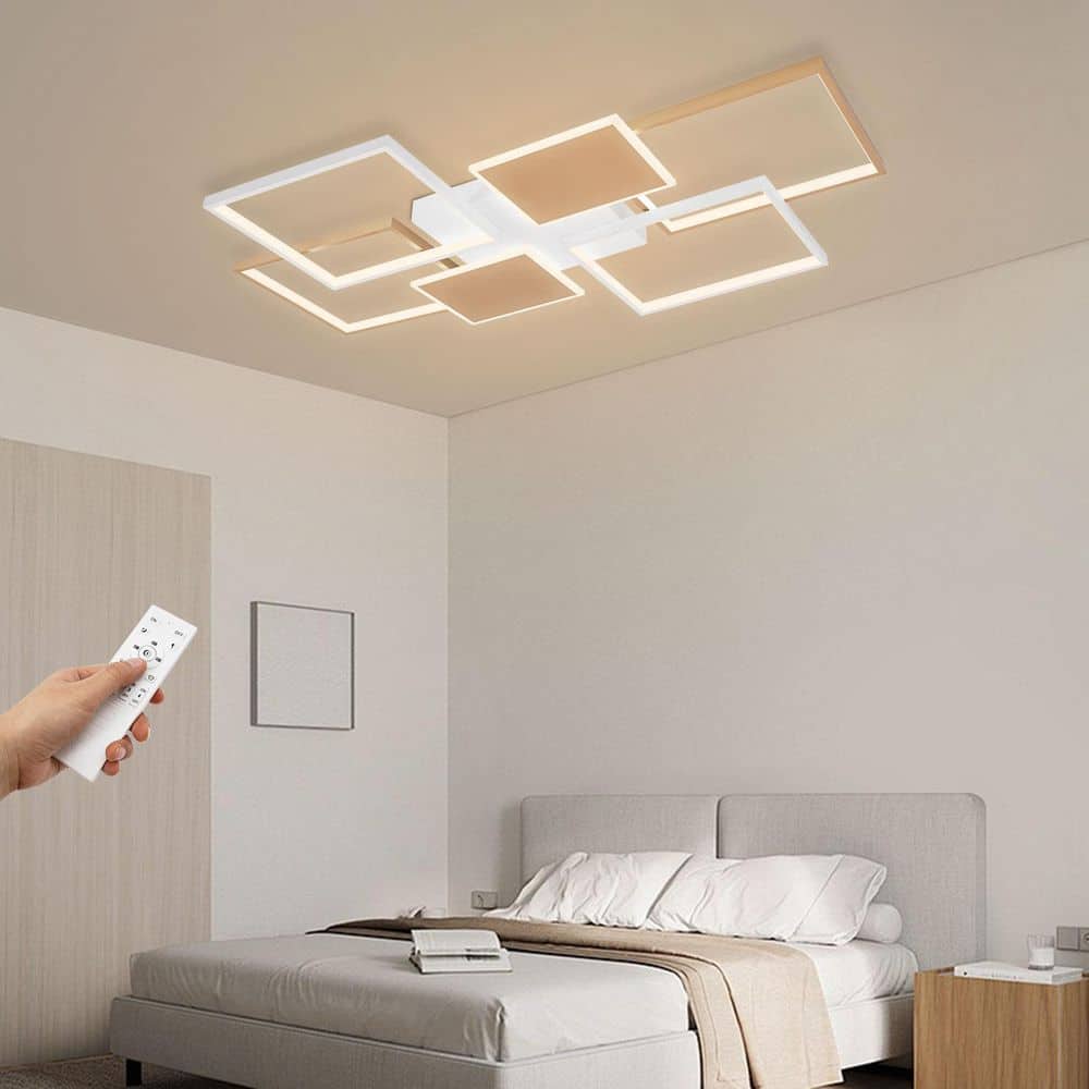 43.3 in. 6-Light Gold and White Modern Rectangular Selectable LED Semi-Flush Mount Ceiling Light with Remote - Hercitys