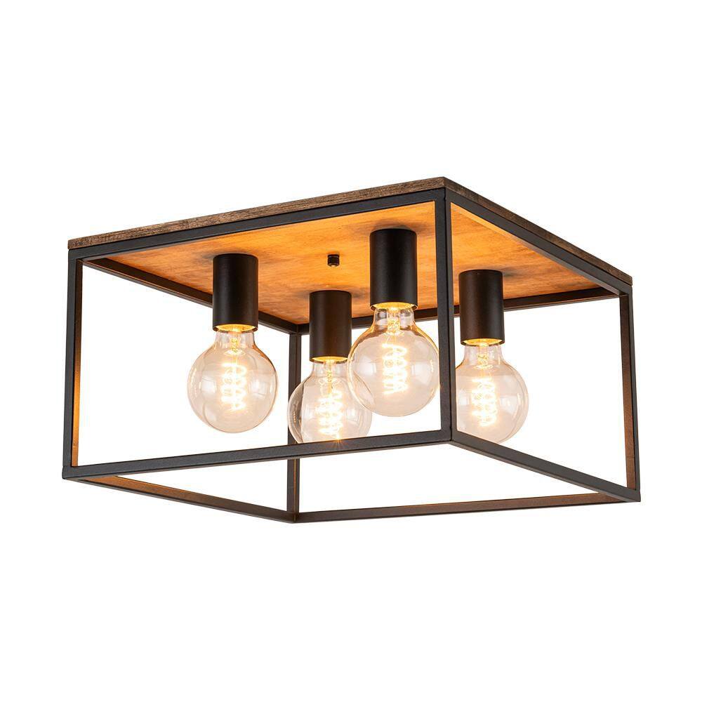 14.57 in. 4-Light Modern Farmhouse Matte Black Flush Mount Ceiling Fixture with Metal Frame and No Bulbs Included - Hercitys
