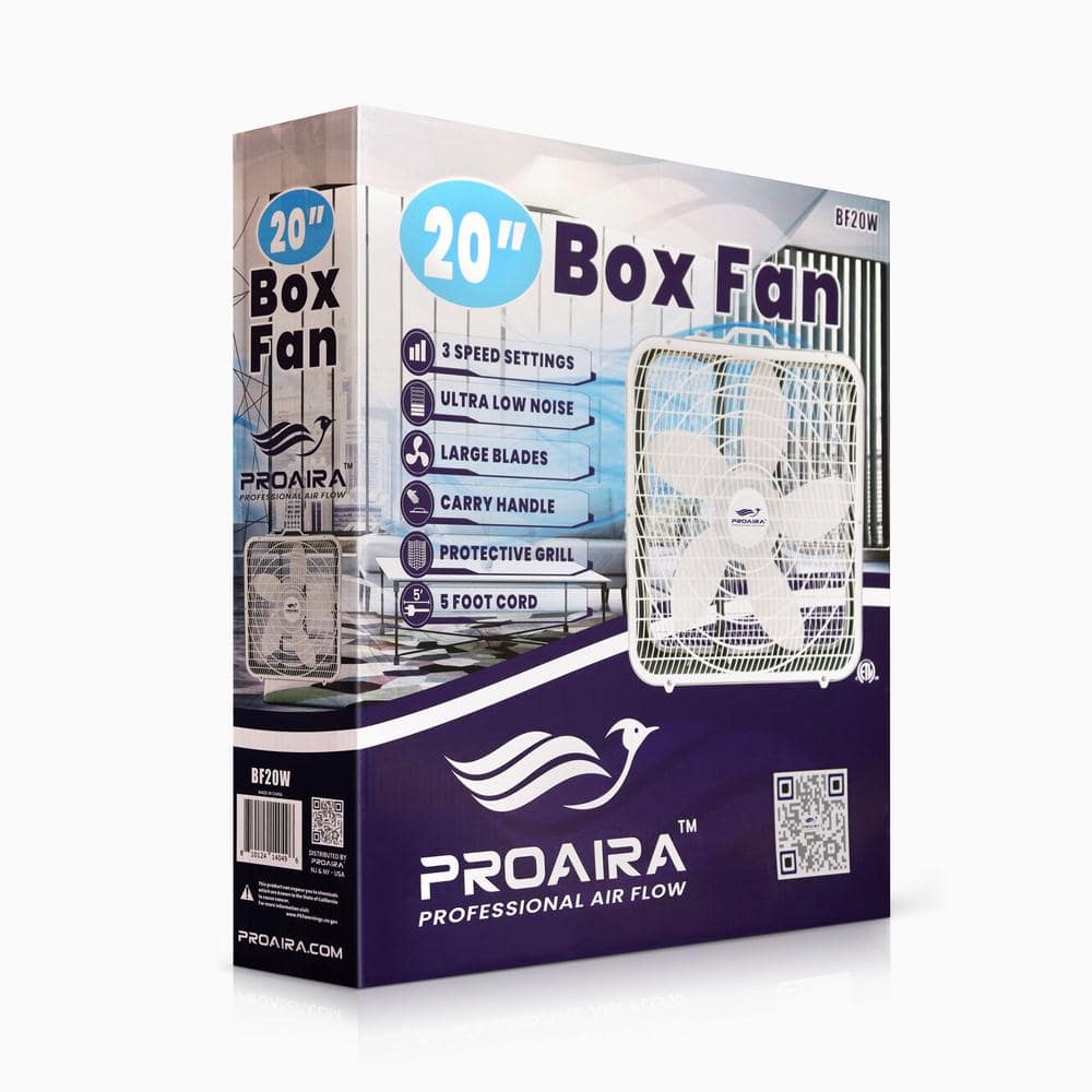 20 in Box Fan in White with 3 Speed Control and Carry Handle - Hercitys