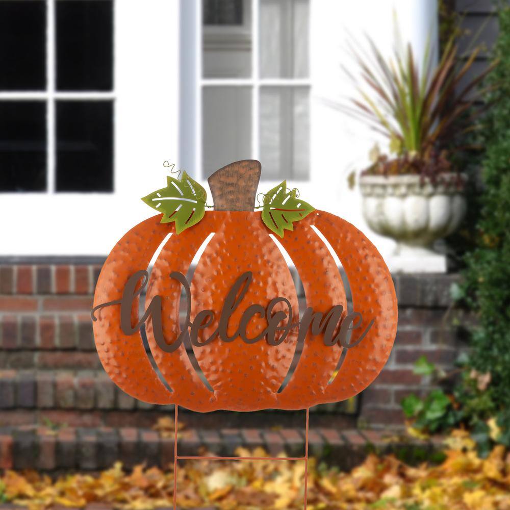 29.72 in. H Fall Metal Pumpkin Yard Stake/Standing/Hanging Sign (KD, 3-Function) - Hercitys