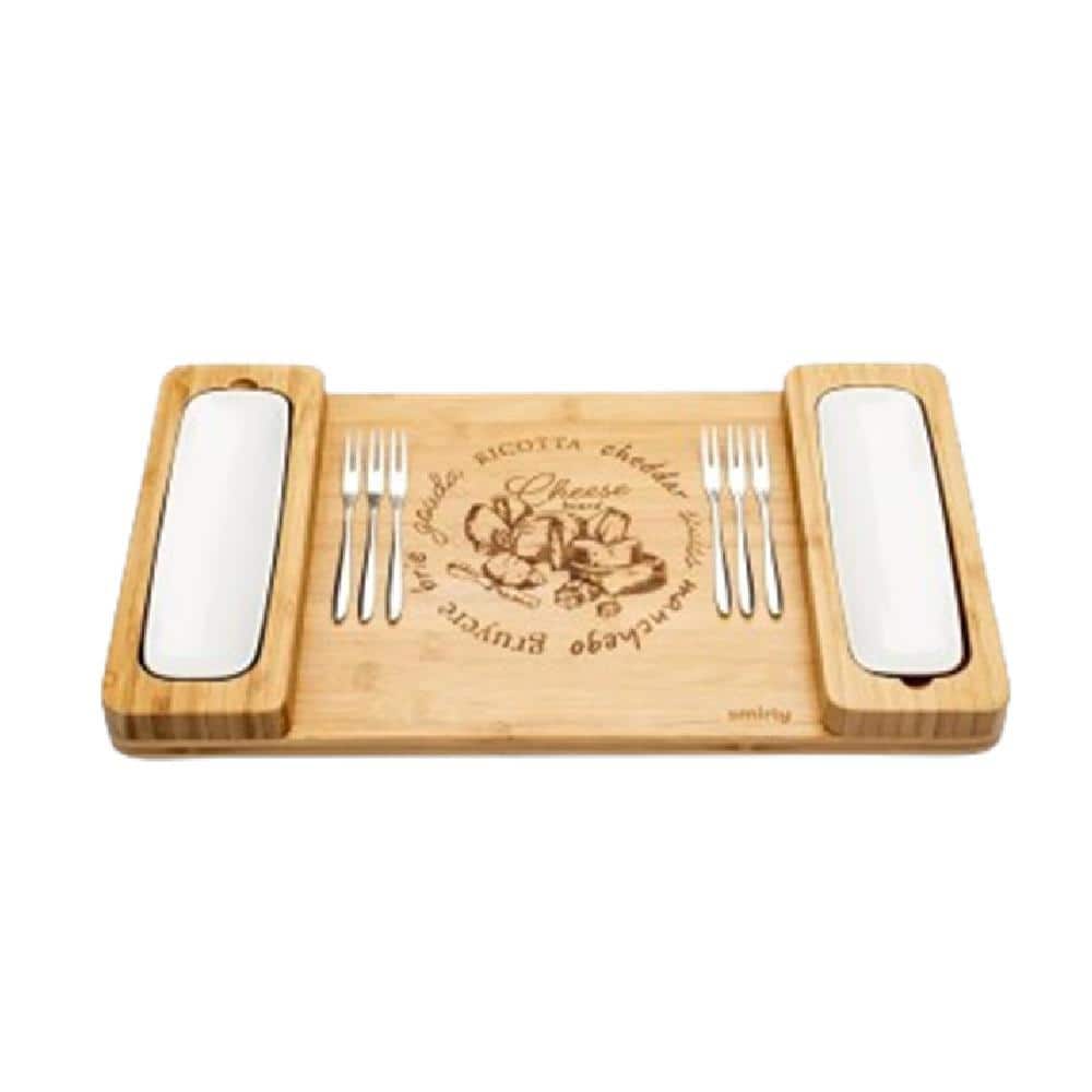 10 in. Natural Bamboo Charcuterie Cheese Board Set with Utensils and Rectangular Serving Plates Perfect for Any Occasion - Hercitys