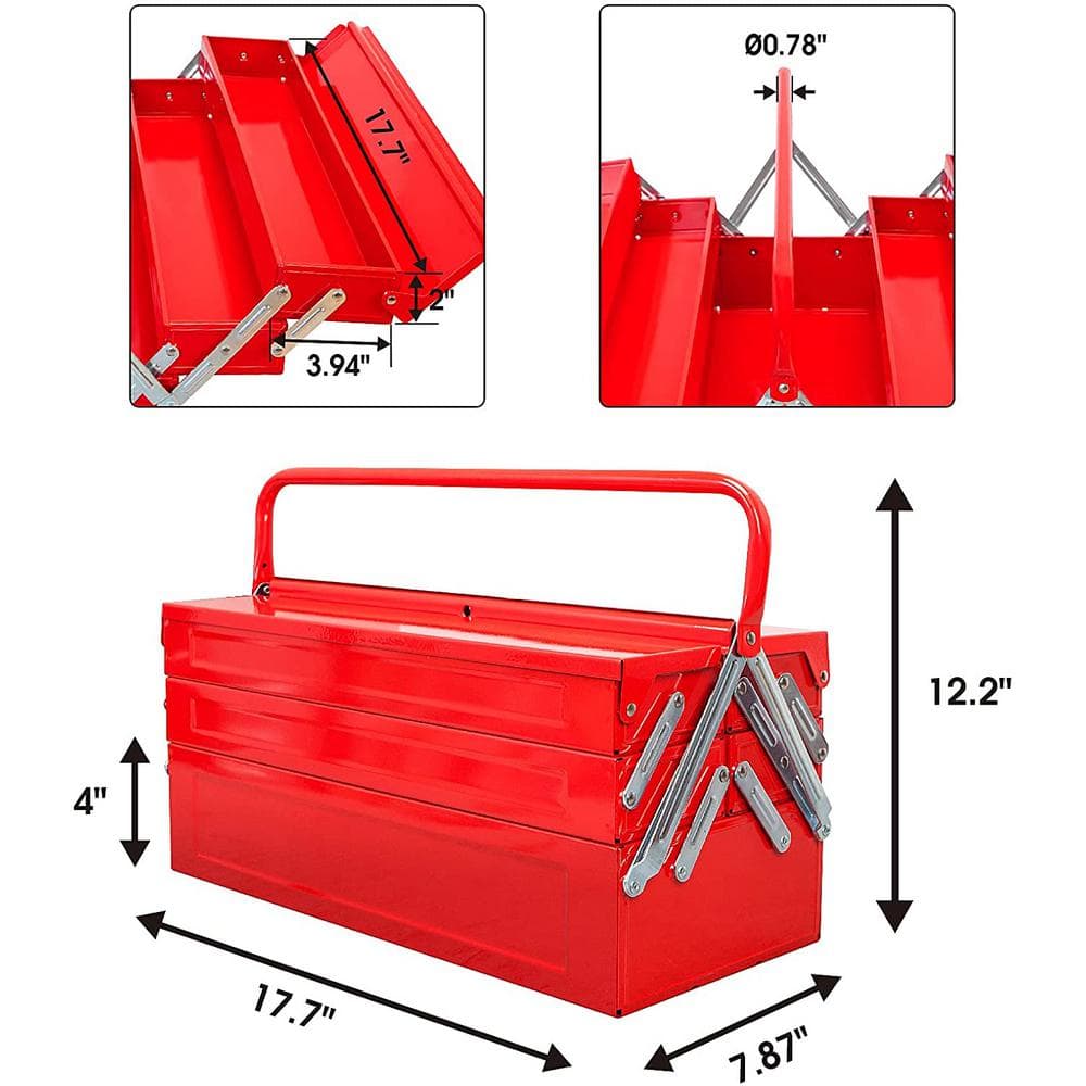 17.7 in. L x 7.9 in. W x 8.2 in. H, Steel Foldable Portable Tool Box with 5 Tool Trays - Hercitys