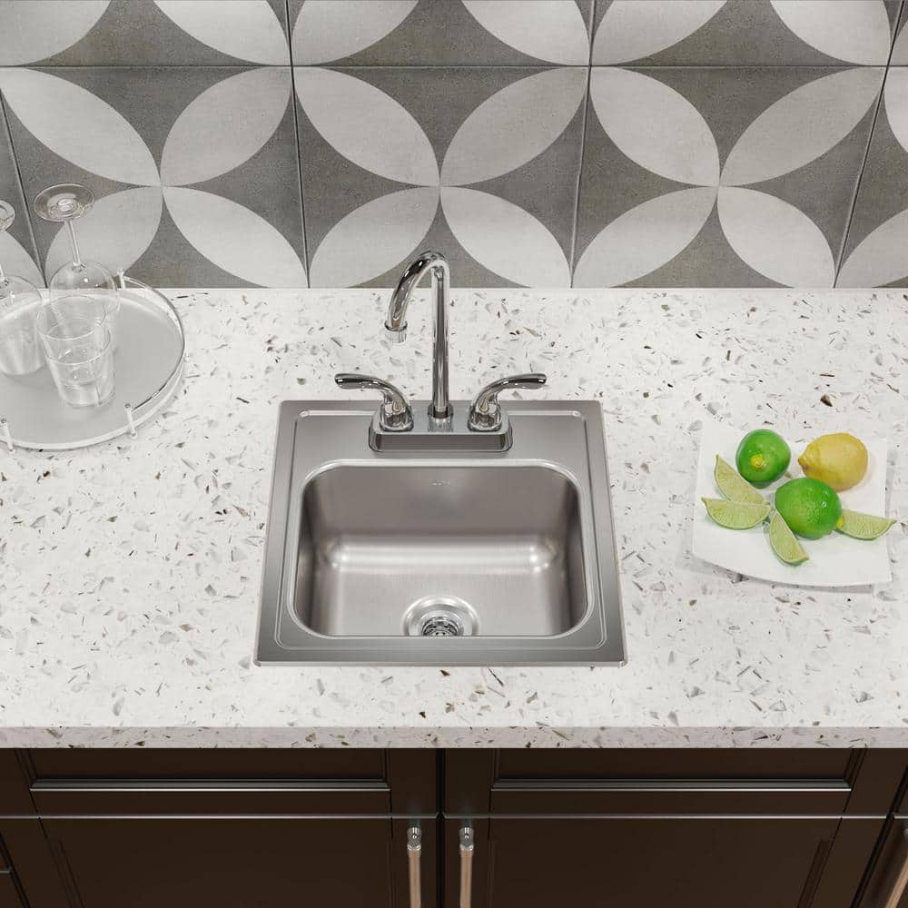 15 in. Drop-in Single Bowl 20-Gauge Durable Satin Stainless Steel Kitchen Sink Kit w/ Faucet - Hercitys