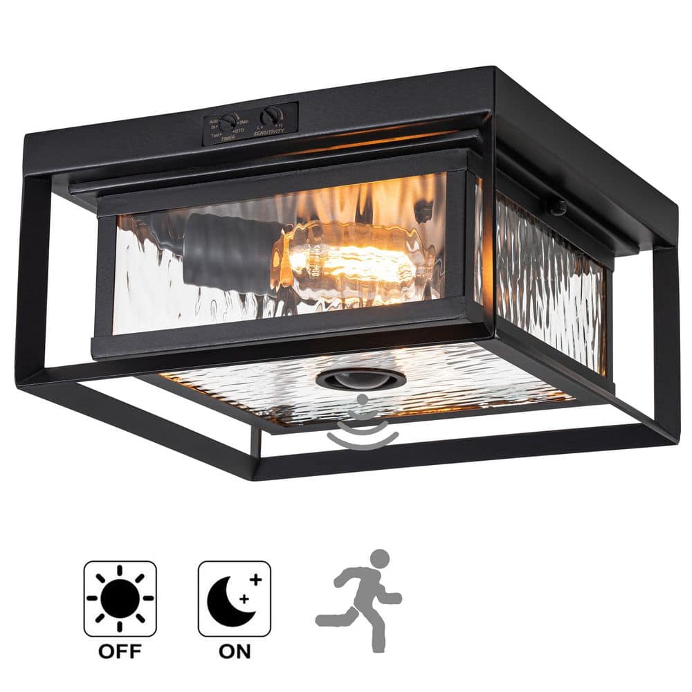 11 in. 2-Light Black Motion Sensing Non-Dimmable Outdoor No Bulb Included Flush Mount Ceiling Light (1-Pack) - Hercitys