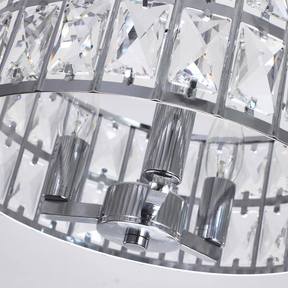 12.59 in. 3-Light Chrome Round Drum Semi-Flush Mount Ceiling Light with Clear Crystal and No Bulbs Included - Hercitys
