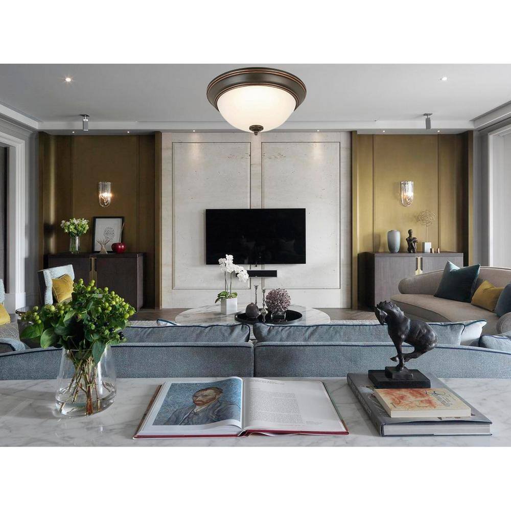 11 in. Oil-Rubbed Bronze Flush Mount Fixture with Frosted Glass Shade (2-Pack) - Hercitys