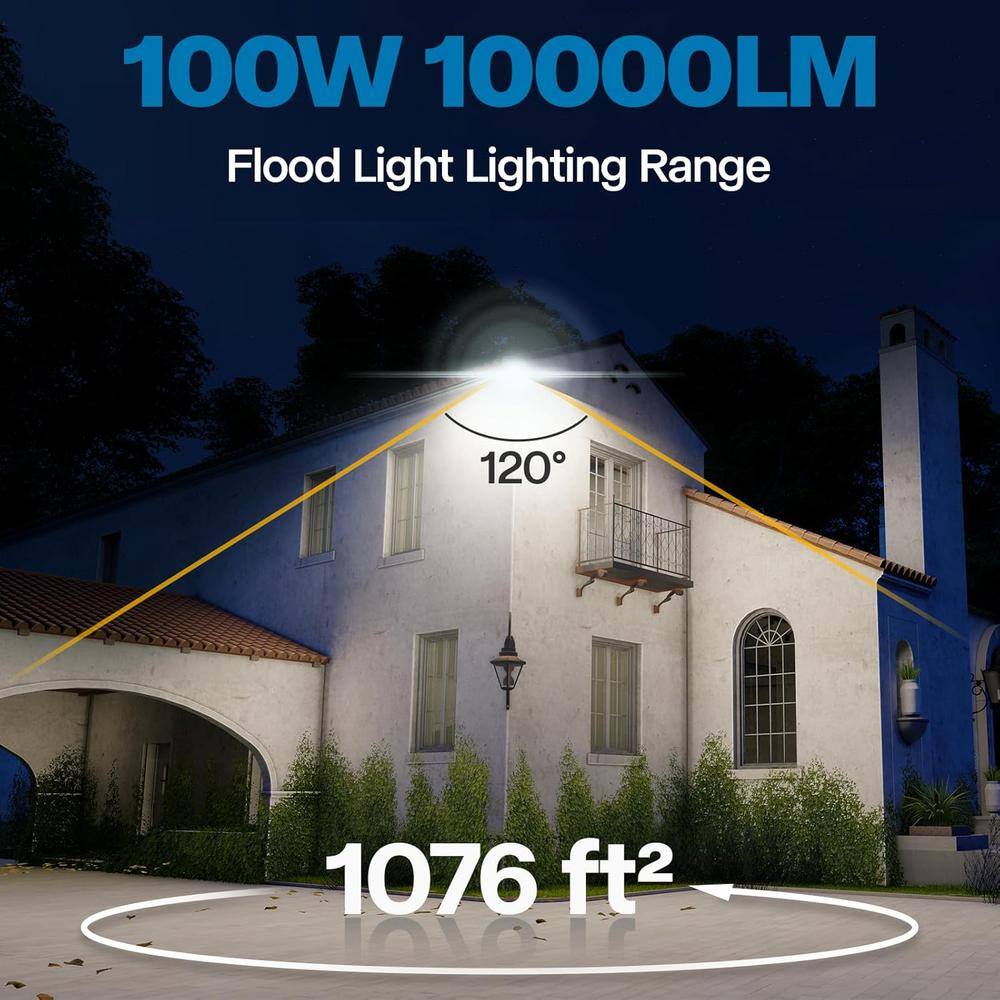 100W 10000LM 120 Degree Dusk to Dawn LED Waterproof Outdoor Super Bright Flood Light with 5.9FT Plug for Garage & Garden - Hercitys