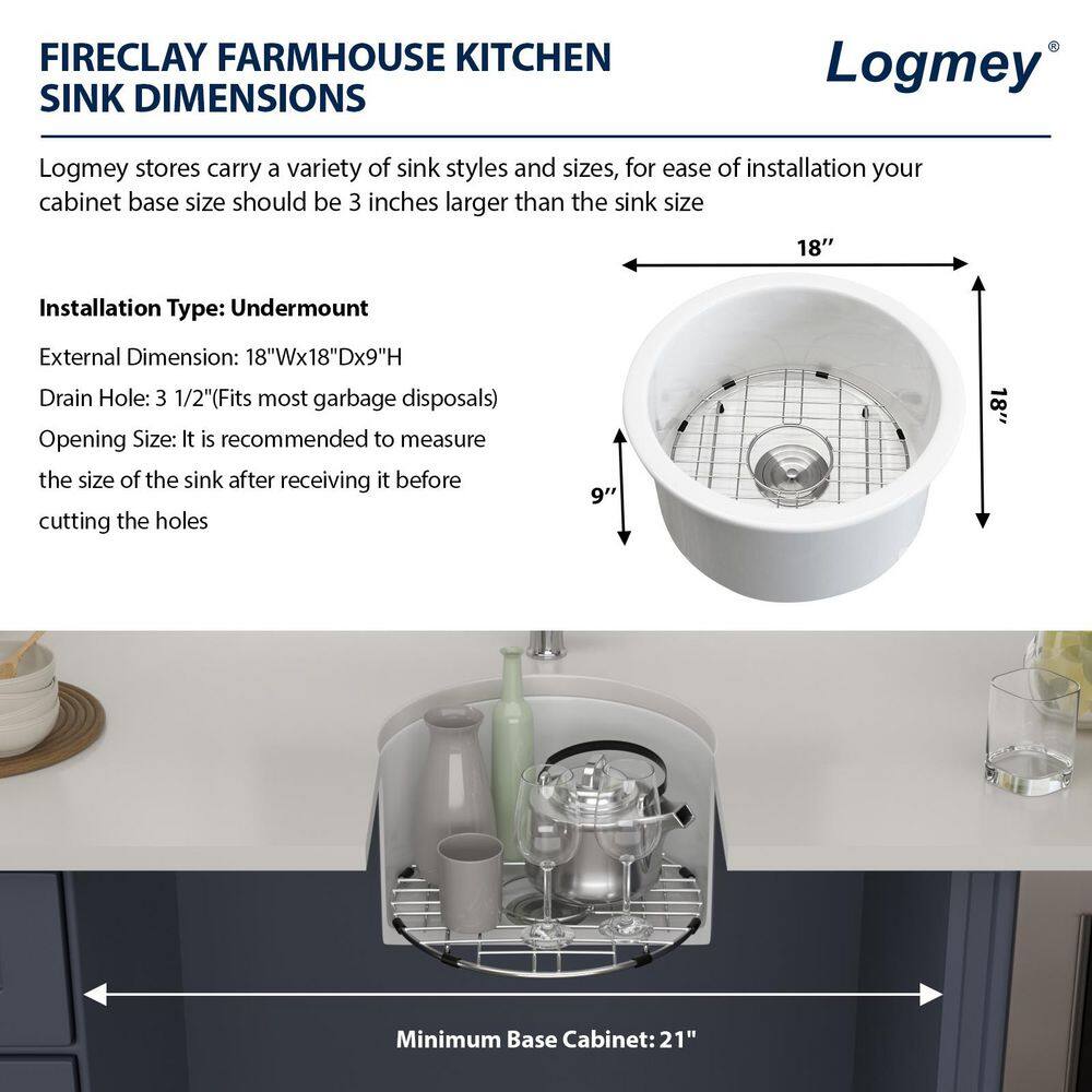 18 in. White Fireclay Round Single Bowl Undermount Drop-in Bar Sink with Grid and Drain - Hercitys