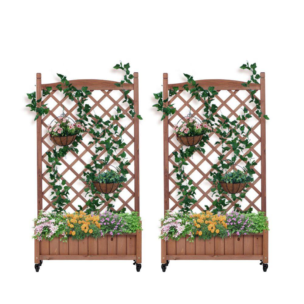 25 in. x 11 in. x 42.3 in. Raised Bed with Trellis (2 Pack) Wood Planter Box and Plant Stand with Climbing Racks, Brown - Hercitys