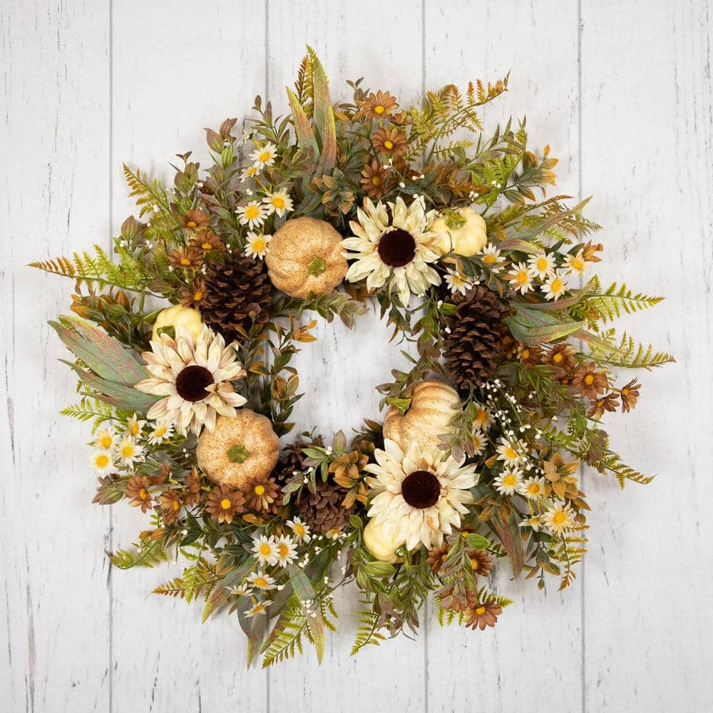 28 in. Unlit Sunflowers and Pumpkins Artificial Fall Harvest Wreath - Hercitys