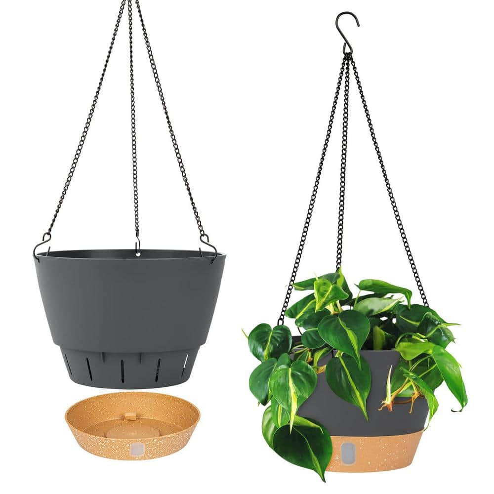 10 in. Dia Drak Gray Plastic Hanging Basket with Visible Water Level (2-Pack) - Hercitys