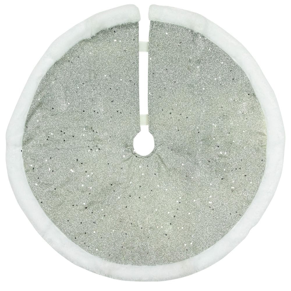 20 in. Silver Glittered Mini Christmas Tree Skirt with Faux Fur Trim - Hercitys