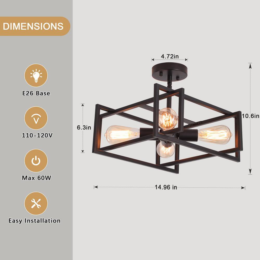 14.96 in. 4-Light Geometric Black Modern Semi-Flush Mount Ceiling Light with No Bulbs Included - Hercitys