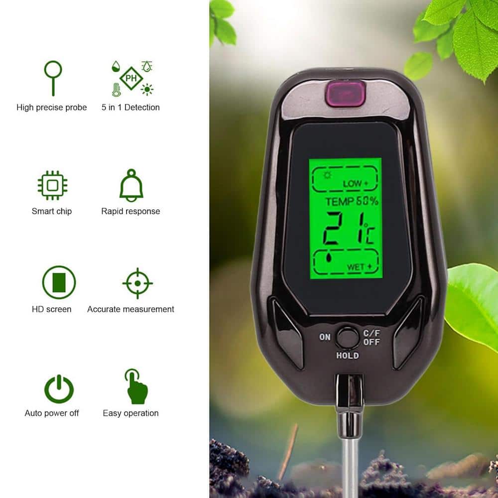 5-in-1 Digital Soil Tester Plants Moisture Soil Test Kit Detects PH Temperature, Moisture, Humidity, Acidity, Alkalinity - Hercitys