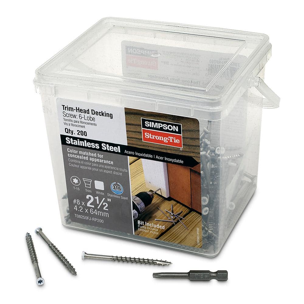 #8 x 2-1/2 in. T-15 6-Lobe, Trim Head, Type 316 Stainless Steel Wood Screw, White (200-Pack) - Hercitys