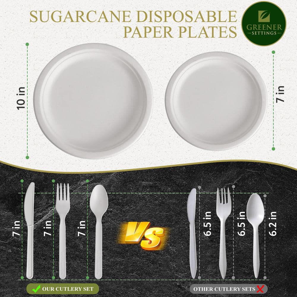 10/7 in. White Compostable Disposable Paper Plate Set Plus Cutlery [25 Guest Service] - Hercitys