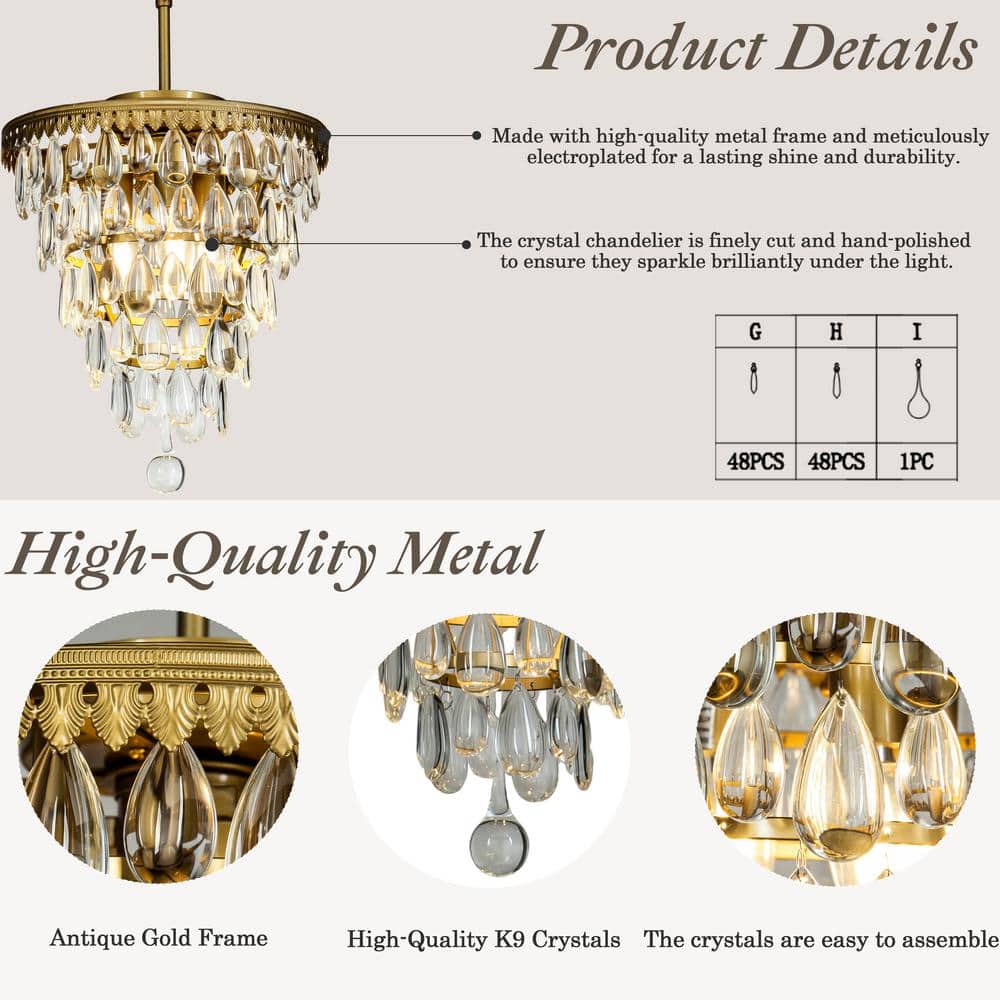 12 in. 3-Lights Antique Gold Glam Flush Mount Ceiling Light with Teardrop Glass - Hercitys
