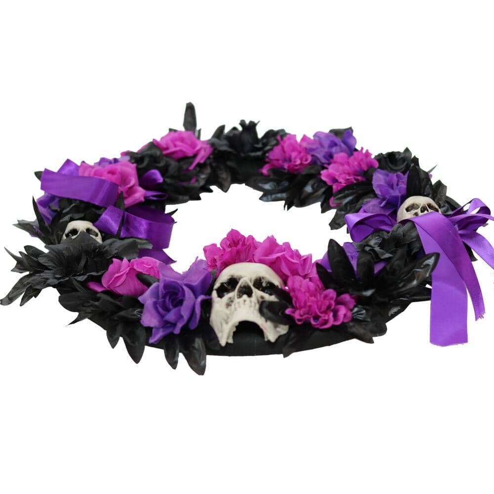 22 in. Halloween Wreath with Flowers and Skulls - Hercitys
