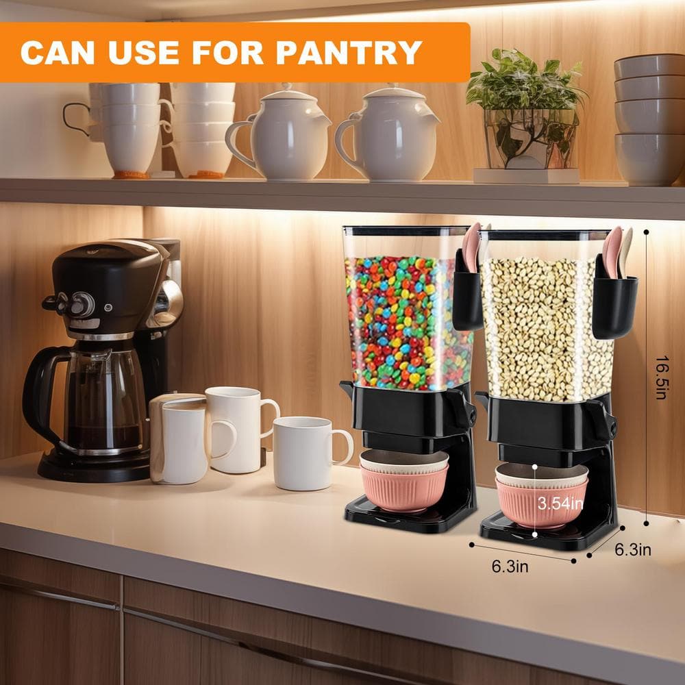 2-Piece Black Dry Food Dispenser, Countertop Cereal Dispenser with Bowls, Spoons and Cutlery Box - Hercitys