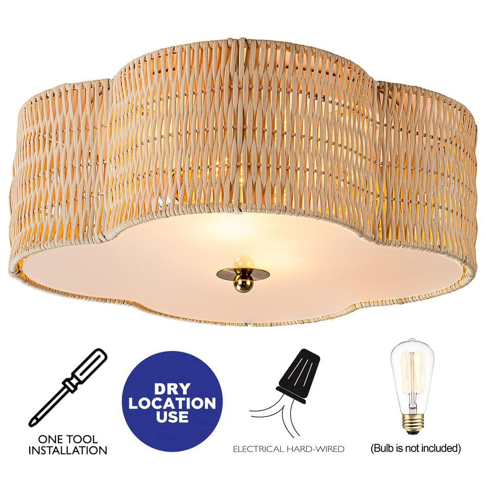 16.75 in. 2-Light Rattan Ceiling Flush Mount with Glass Bottom - Hercitys