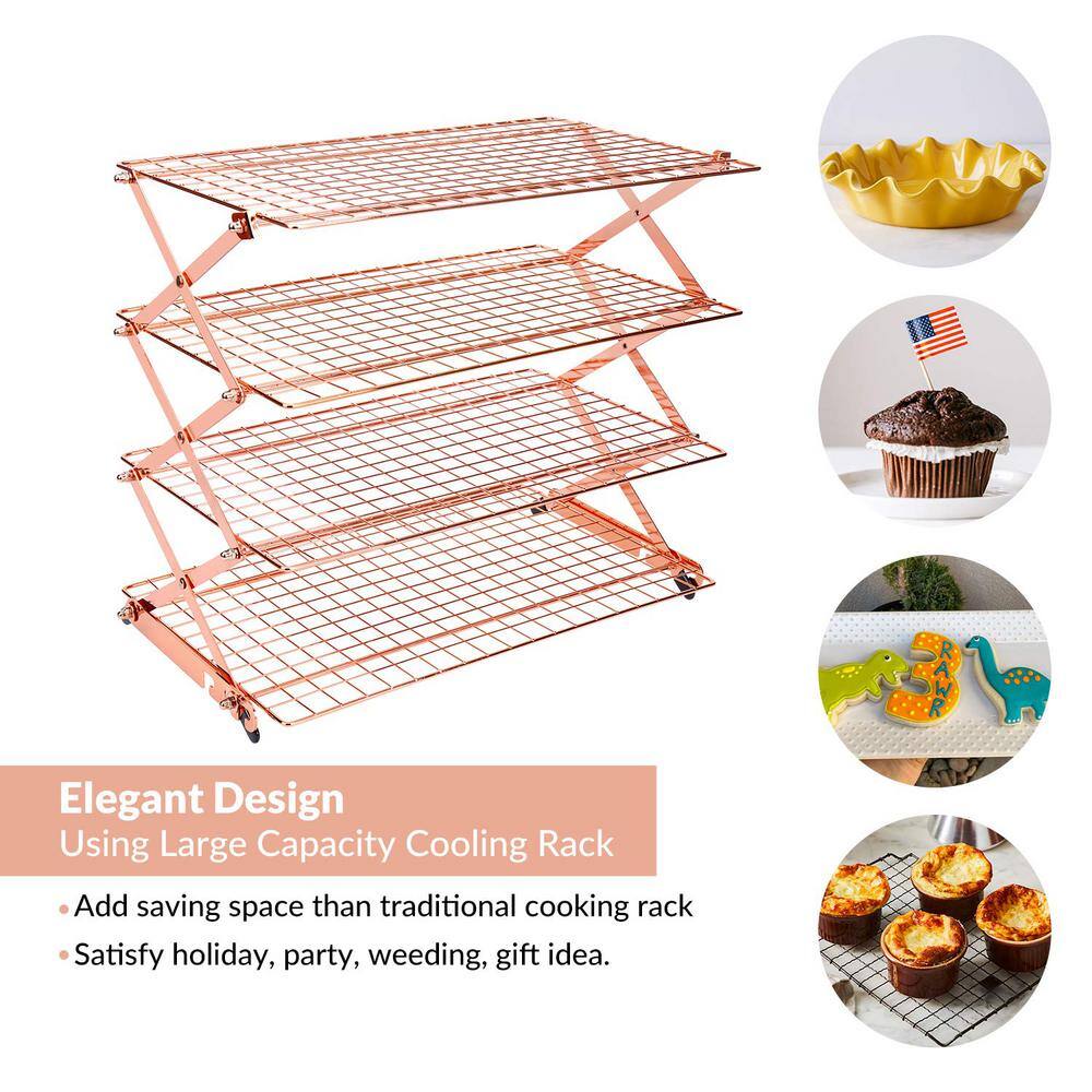 4-Tier RoseGold Collapsible Cooling Rack with Adjustable 3 Setting, Stackable Roasting Cooking Drying Wire Cooling Rack - Hercitys