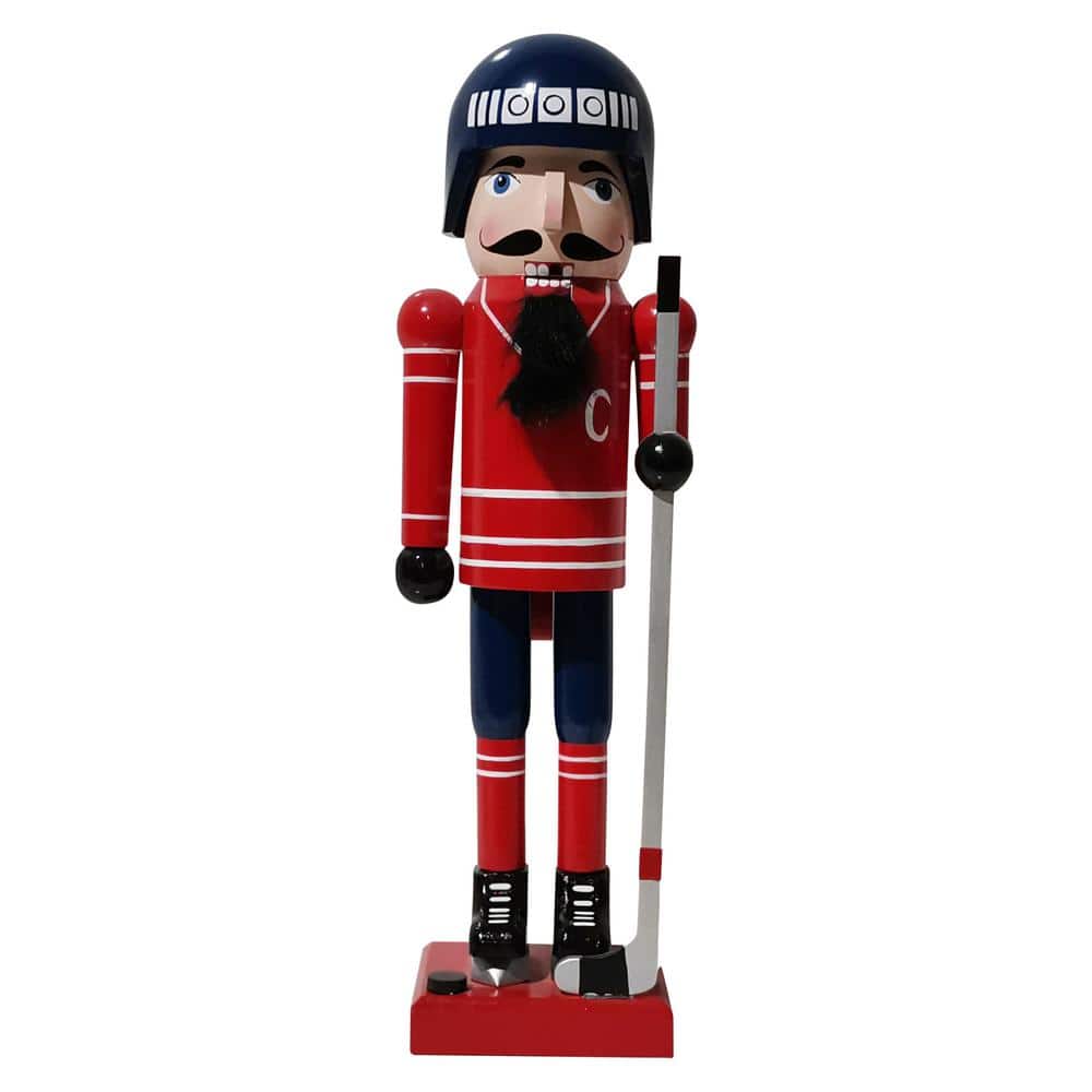 14 in. Blue and Red Wooden Christmas Ice Hockey Player Nutcracker - Hercitys
