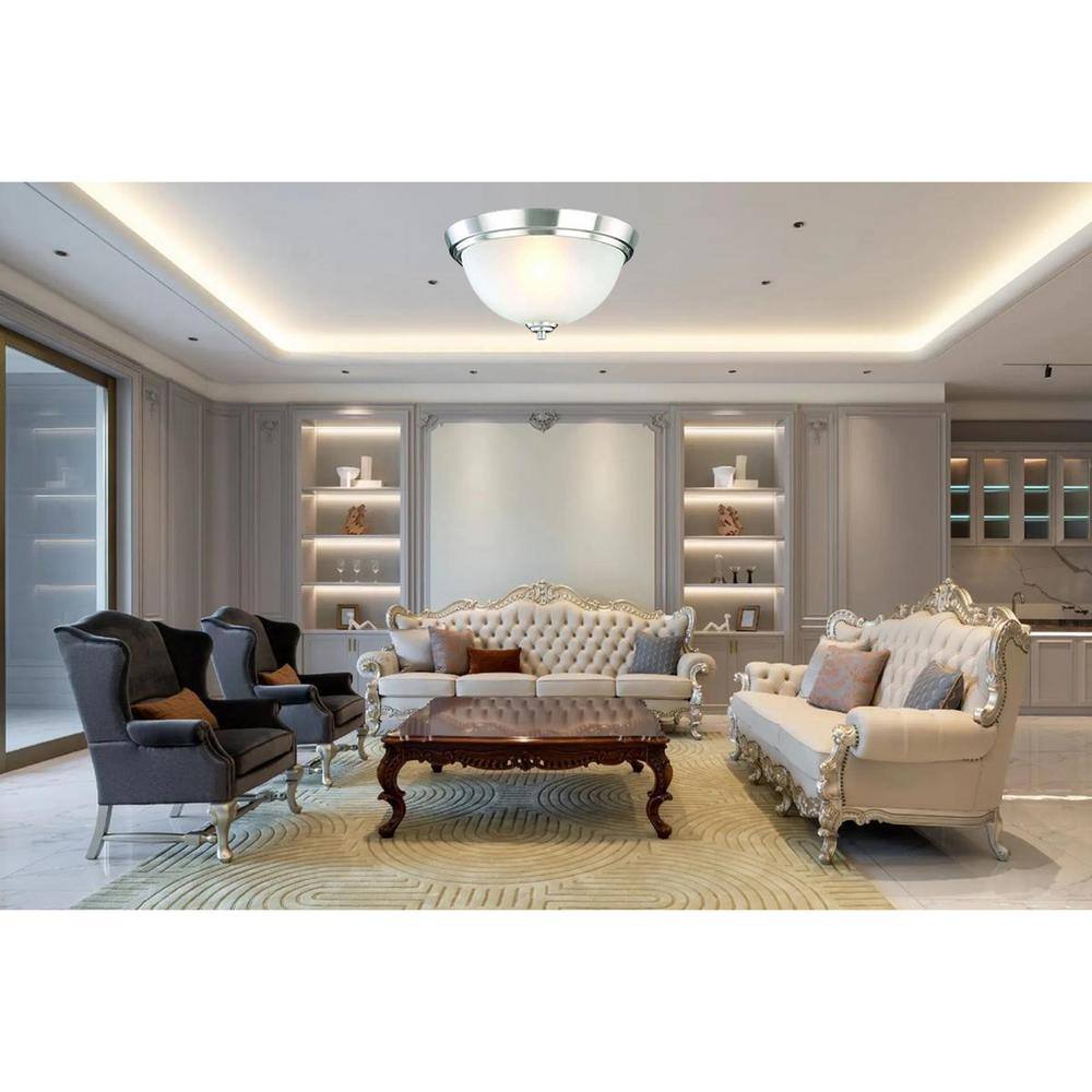 13.5 in. Brushed Nickel Flush Mount Fixture with 2 Bulbs and Alabaster Glass Shade - Hercitys