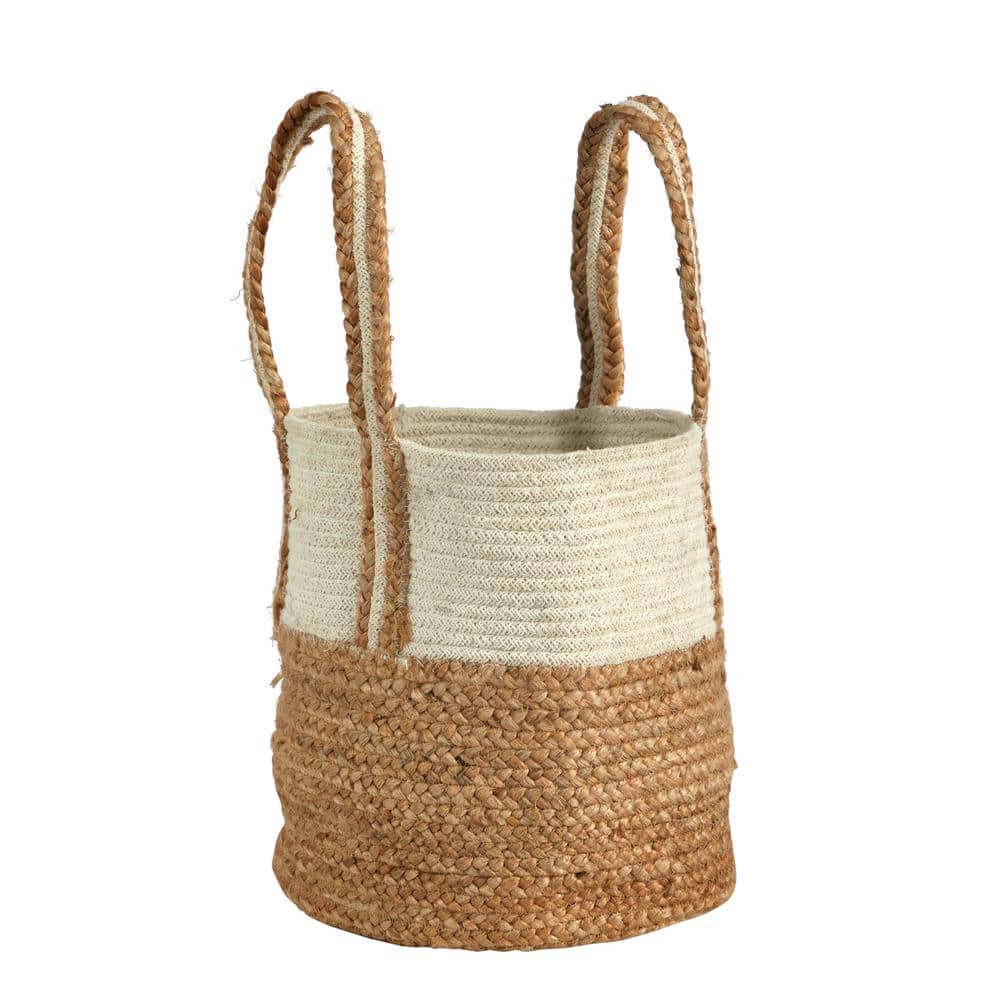 14 in. Beige Jute and Natural Cotton Boho Chic Basket Planter with Handles - Hercitys