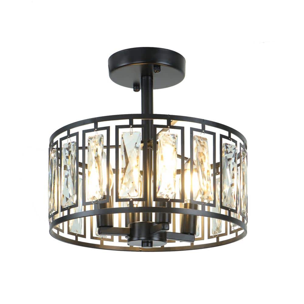 12.5 in. 4-Light Modern Small Crystal Black Semi Flush Mount Ceiling Light for Kitchen Island Dining Room - Hercitys