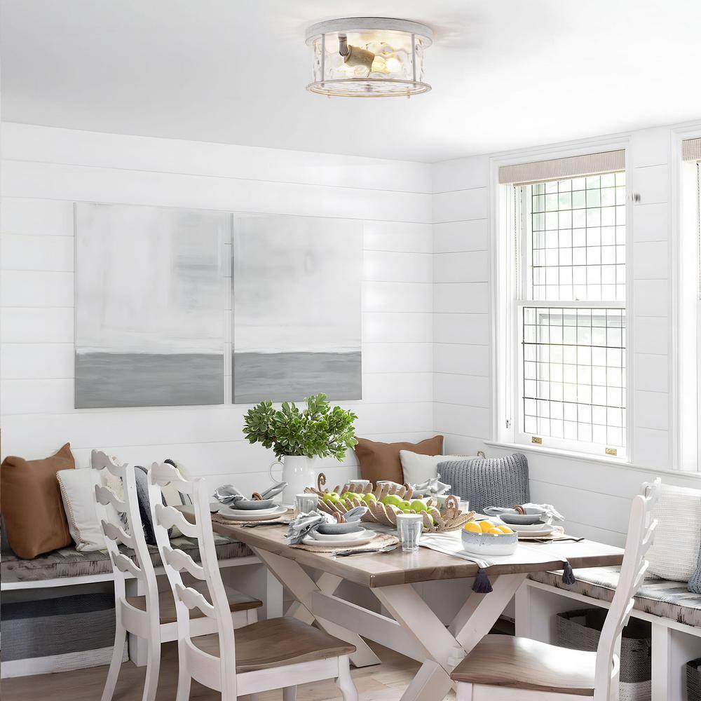 12.5 in. 2-Light White Gold Flush Mount Water Ripple Glass Ceiling Light with Metal Frame - Hercitys