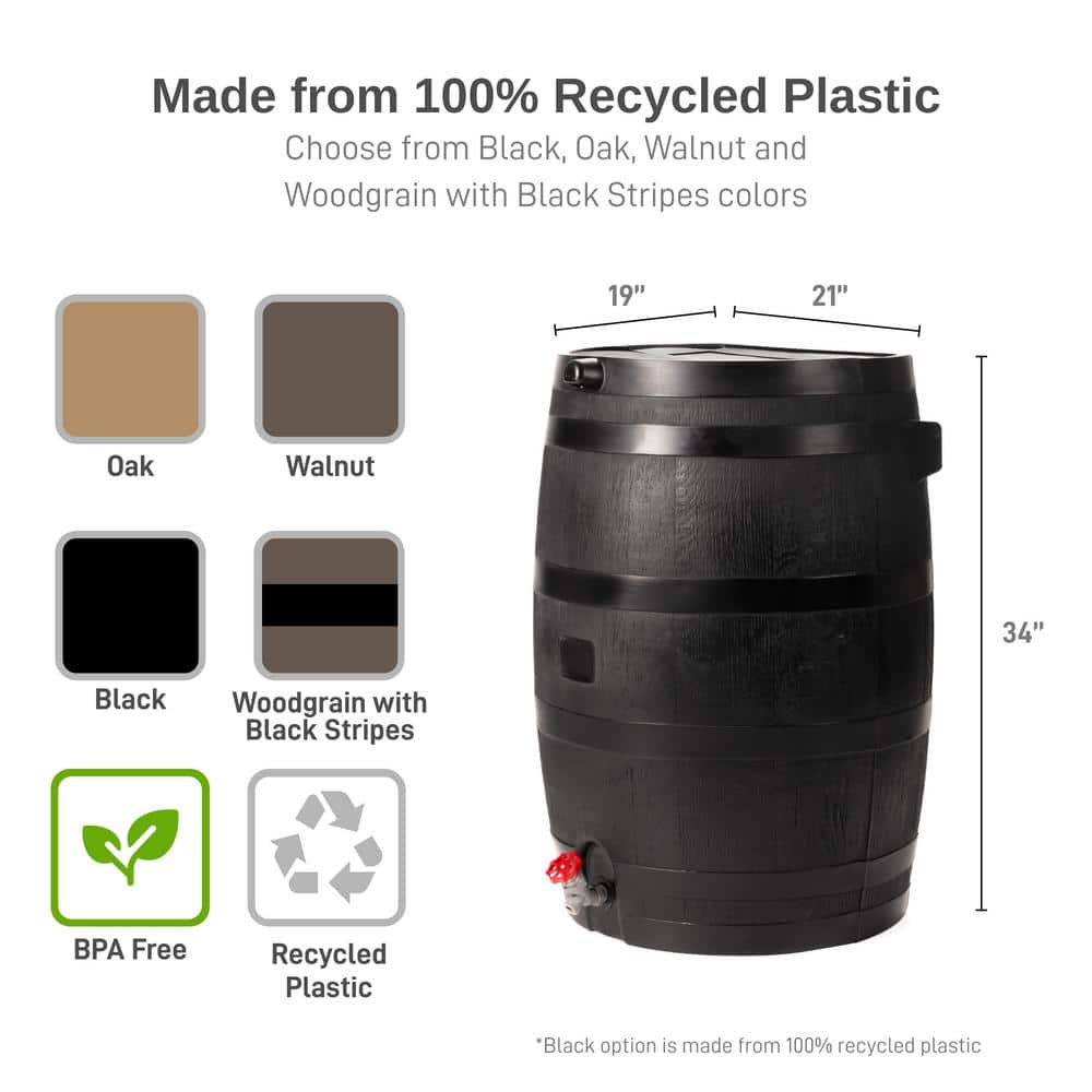 50 Gal. Rain Barrel Black Colour with Plastic Spigot - Hercitys