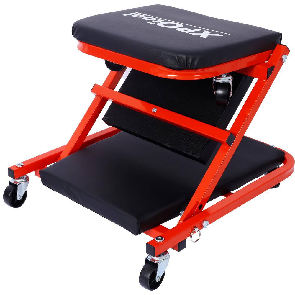 1-Tier Steel 6-Wheeled Utility Cart in Red, 2 in 1 Foldable Mechanic Creeper, 300 lbs. Capacity - Hercitys