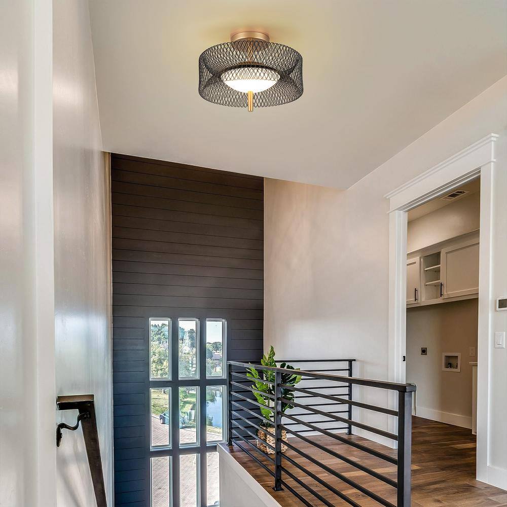 12.6 in. 23-Watt Black/Gold Integrated LED Semi-Flush Mount Ceiling Light with Drum Shade - Hercitys