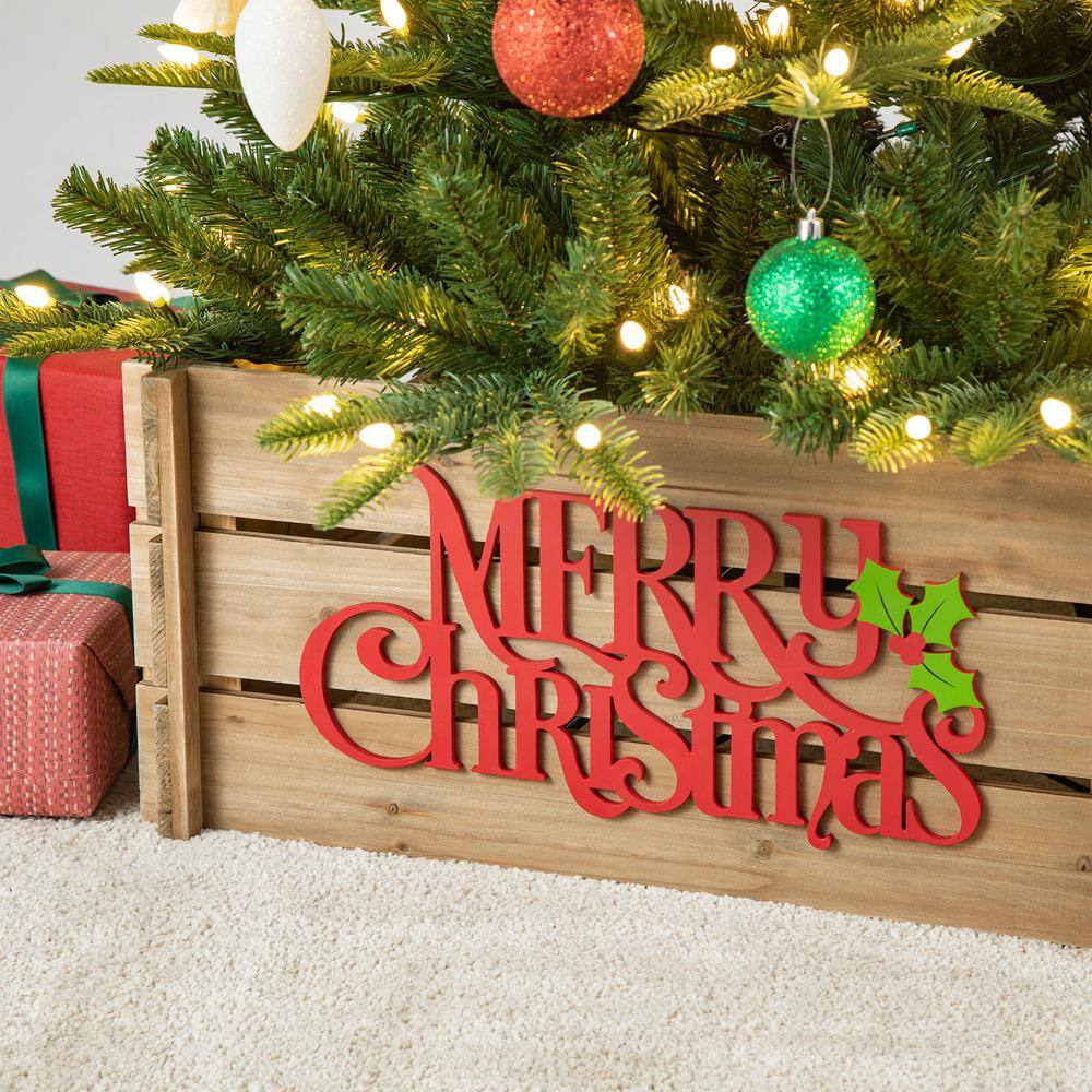24 in. L Natural Wooden “MERRY CHRISTMAS” Solid Wood Crate Tree Collar - Hercitys