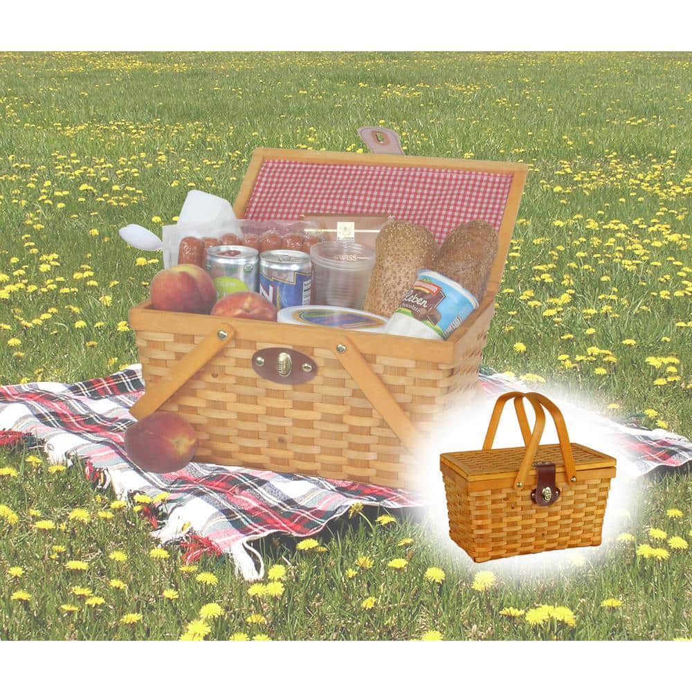 12.5 in. x 7.5 in. x 7.5 in. Picnic Basket Gingham Lined with Folding Handles - Hercitys