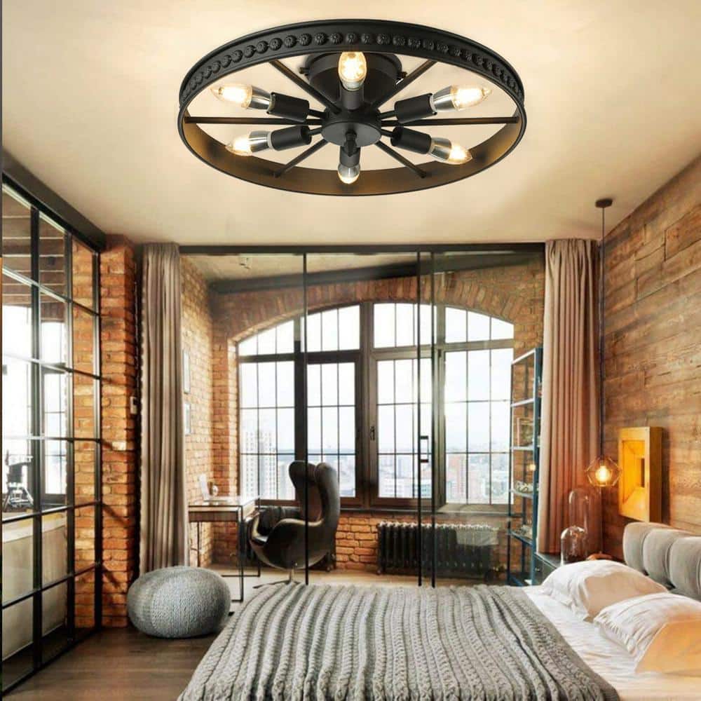 18 in. 6-Light Black Industrial Wagon Wheel Rustic Flush Mount Ceiling Light - Hercitys