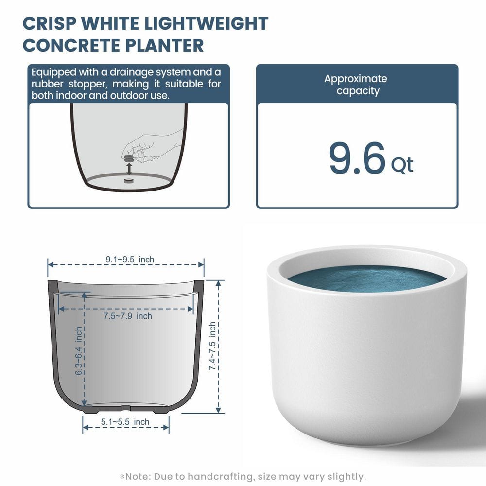 11.5 in. Small Crisp White(Premium Inner) Concrete Round Planter/Pot with Drainage Holes - Hercitys