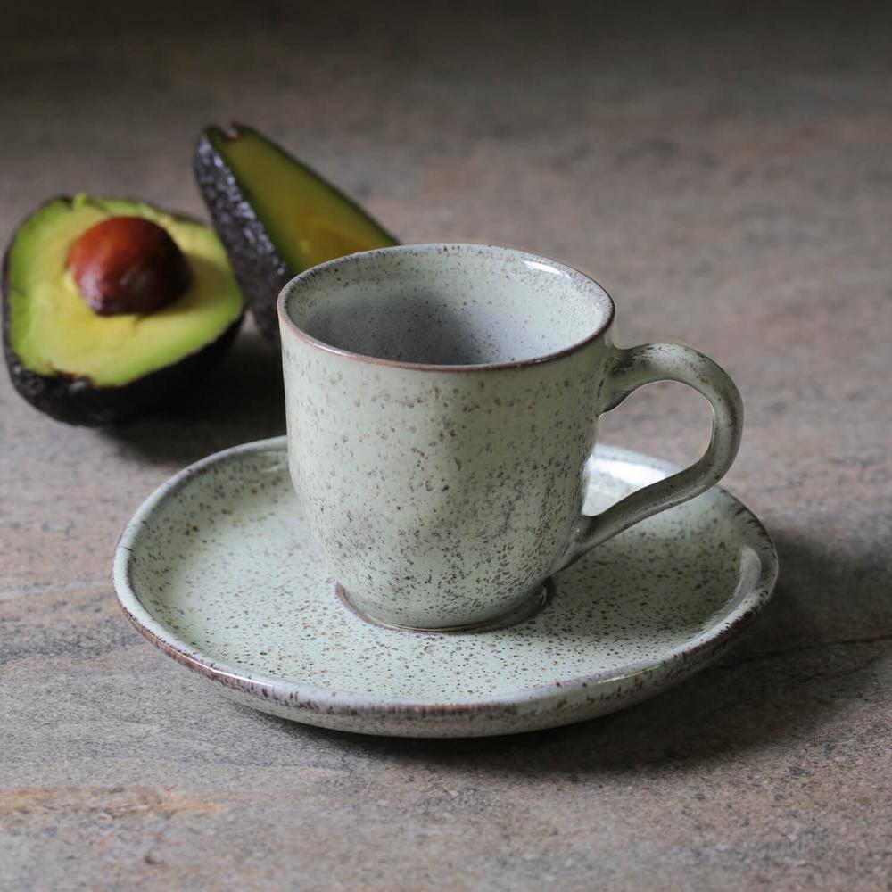 4.06 oz. Pistache Teal Stoneware Organic Coffee Cup and Bio Saucer (Set of 6) - Hercitys