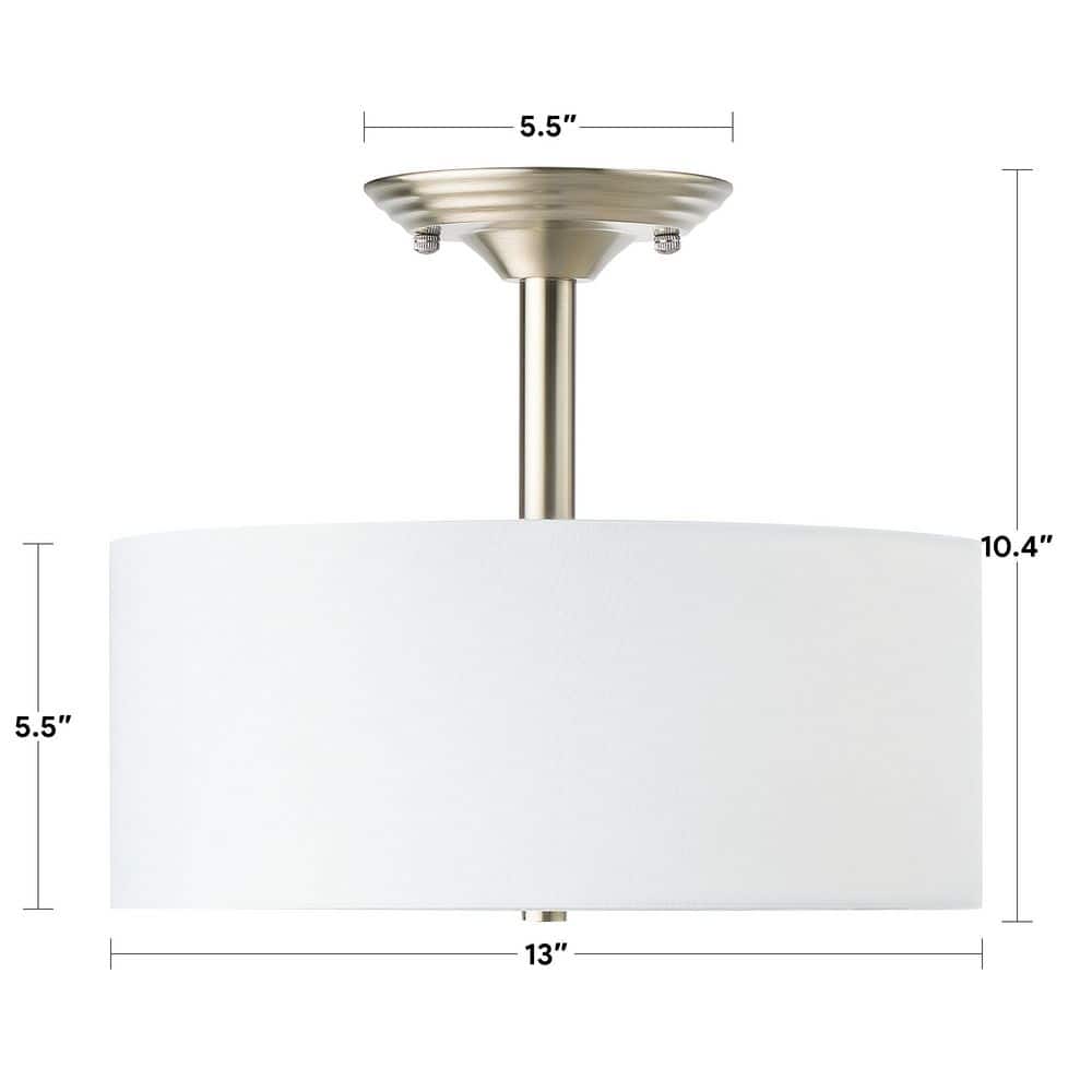 13 in. 2-Light Brushed Nickel Semi-Flush Mount Light with Fabric Drum Shade - Hercitys