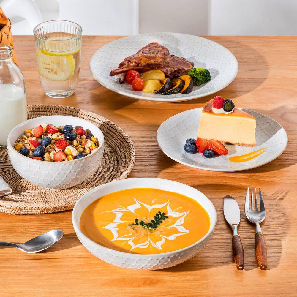 16-Piece White Stoneware Dinnerware Set Service for 4-Embossed Honeycomb Shape Pattern Tableware with Plates and Bowls - Hercitys