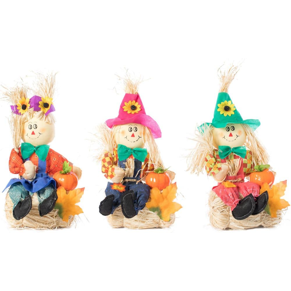 13 Inch Adorable Trio Yard Decor Featuring Outdoor Garden Scarecrows Relaxing Gracefully on Rustic Hay Bales - Hercitys