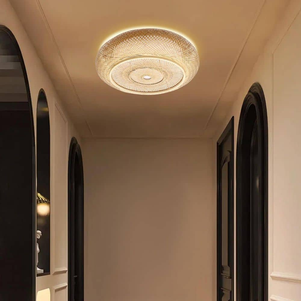 23.6 in. 3-Light Yellow Rural Round Semi-Flush Mount Ceiling Light with Rattan Shade and No Bulbs Included - Hercitys