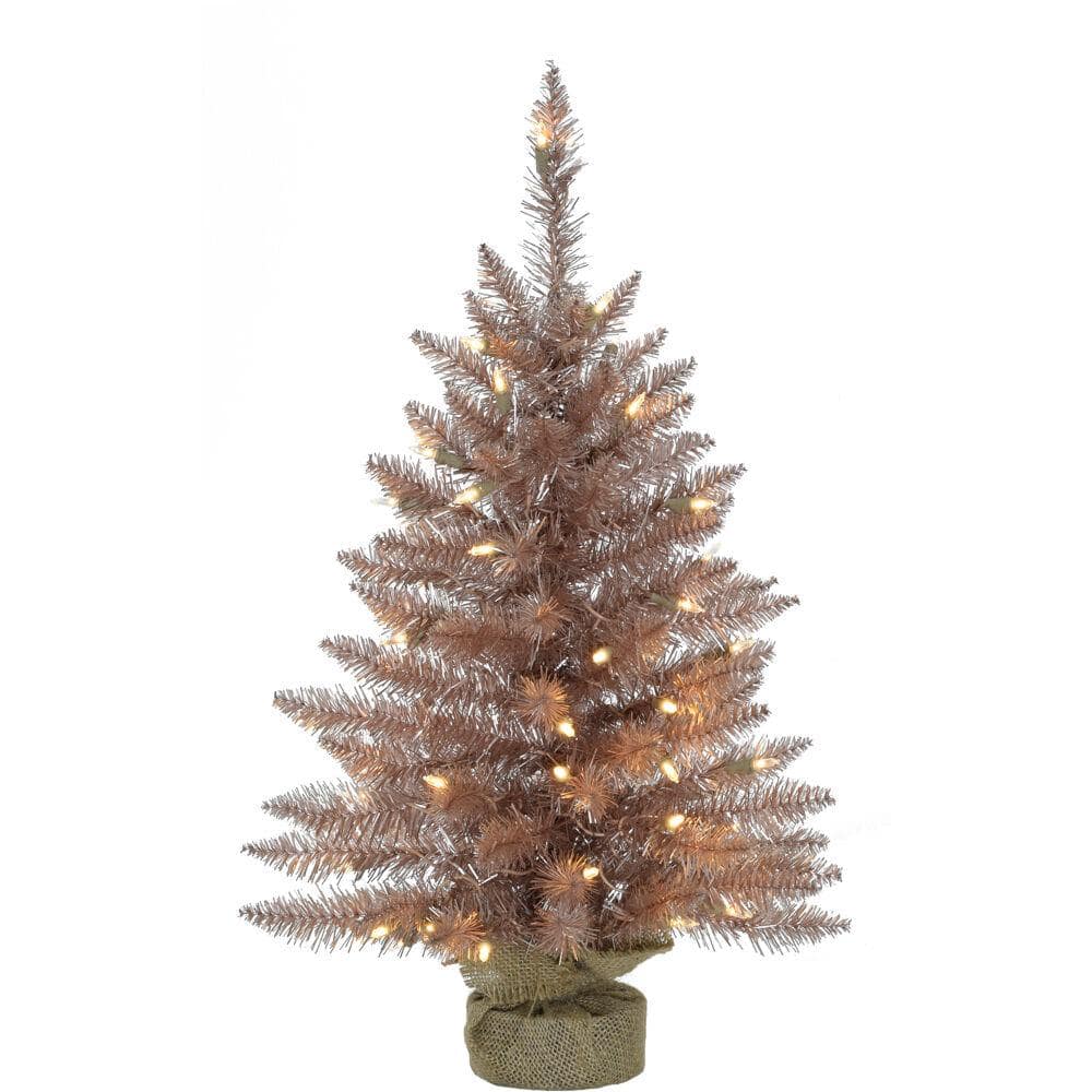 3 ft. Blush Pre-Lit Festive Tinsel Artificial Christmas Tree with Burlap Bag and Warm White LED Lights - Hercitys