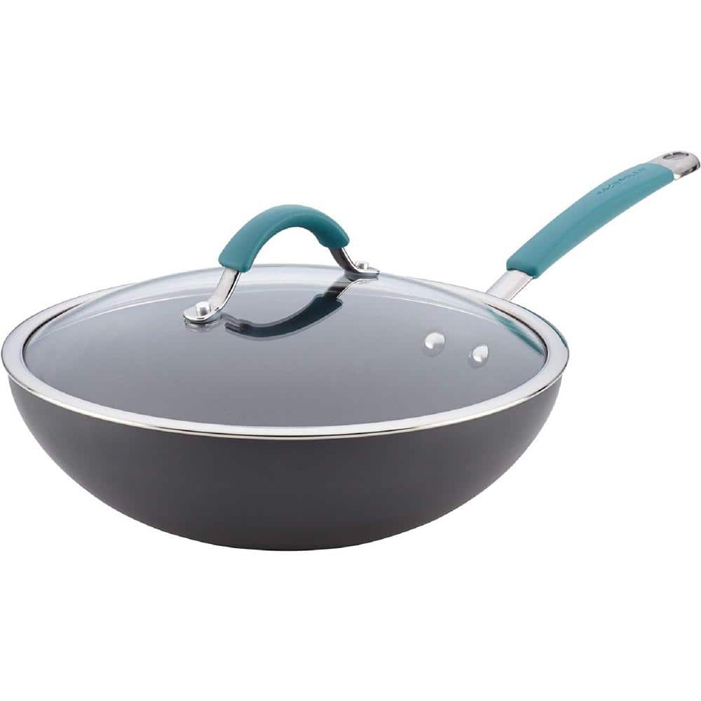 11 in. Hard-Anodized Aluminum Nonstick Dishwasher Safe Wok Pan in Gray with Blue Silicone Over Stainless Steel Handle - Hercitys