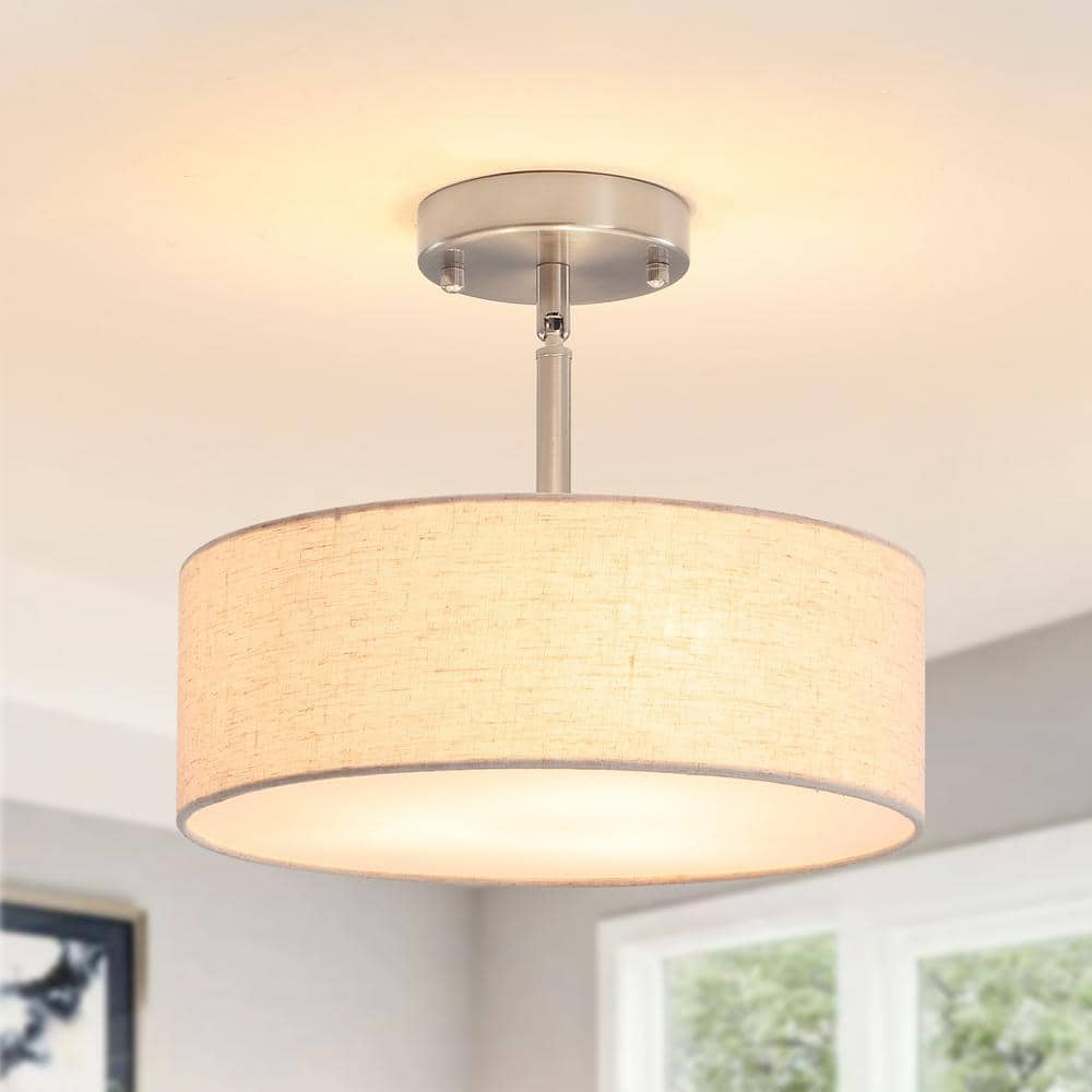 12.6 in. 3-Light Nickel Drum Linen Blend Semi Flush Mount Ceiling Light with White Fabric Shade and No Bulbs Included - Hercitys