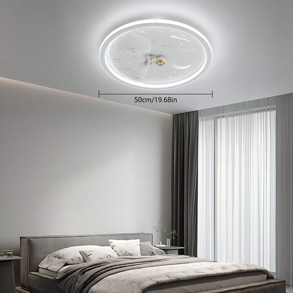 19.68 in. White Round Creative Astronaut Dimmable LED Flush Mount Ceiling Light with Remote for Bedroom Children’s Room - Hercitys